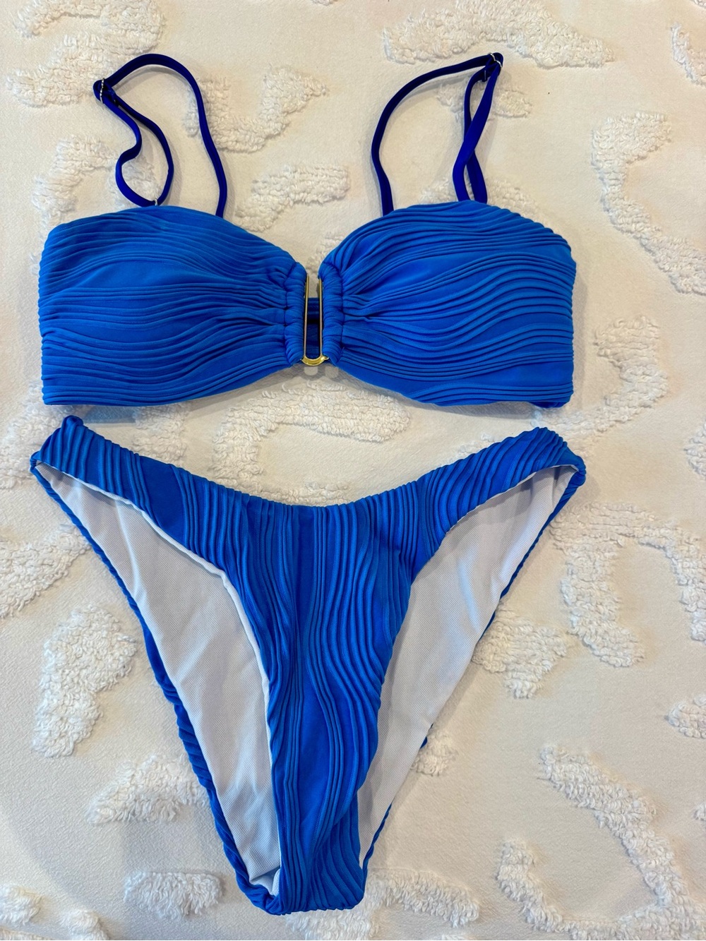 Blue Textured Bandeau Bikini Set